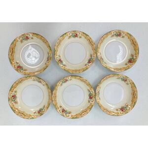 Vintage Noritake 6 Set Green Cream Gold Trim Floral Pattern Dessert Fruit Bowls
